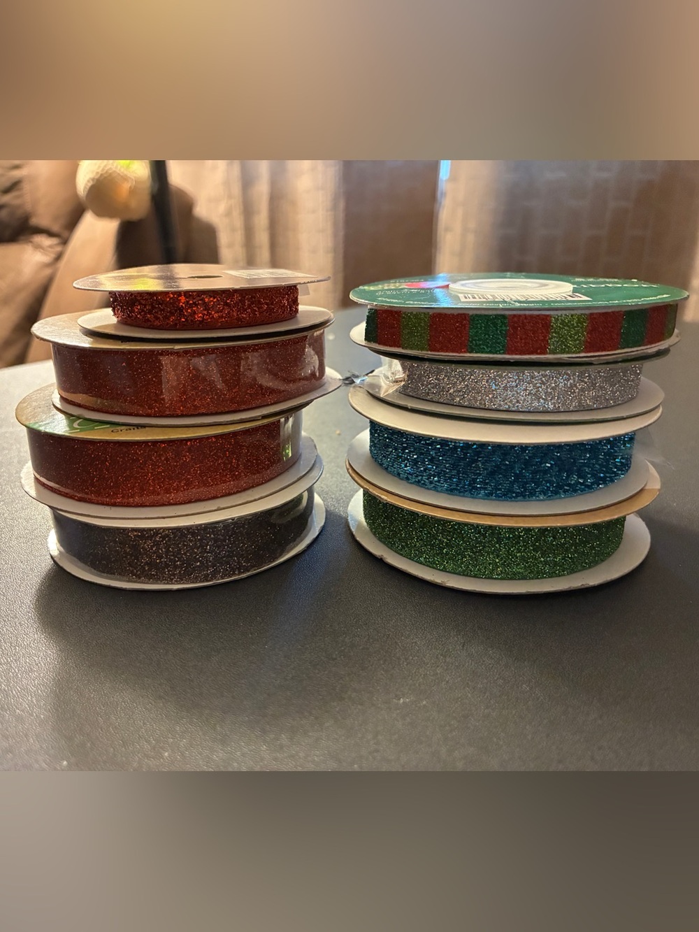 8 Glitter Craft Ribbon Assortment - Red, Silver, Blue, Green, Chestnut